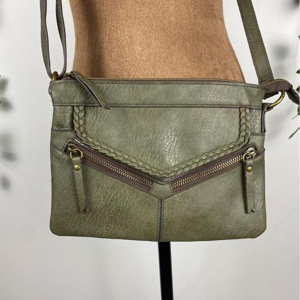 Olive green faux leather crossbody bag braided trim hippie fairy boho chic